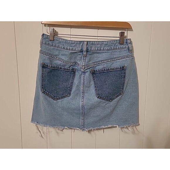 PACSUN Colorblock Denim Jean Mini Skirt Size 26 Blue White Patch Work Frayed Hem - Picture 4 of 8